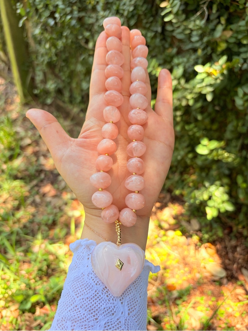 Pink Heart Pendant Beaded Necklace โ Delicate Rose Quartz Look - Picture 3 of 4